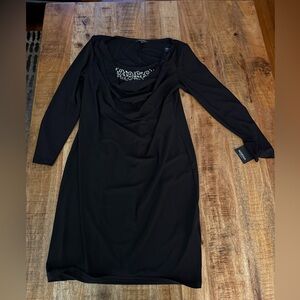 MARINA Black Long Sleeve Dress with Embellished beaded cowl Neck size 10 NWT